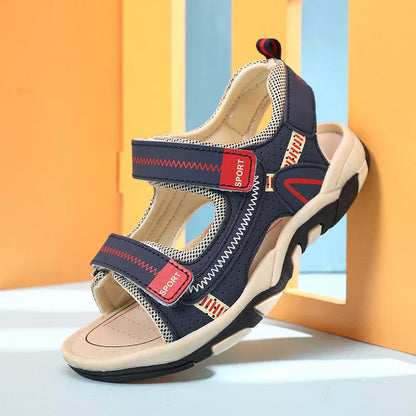 Side view of green kids' sporty non-slip summer sandals, designed for durability and comfortable outdoor play.