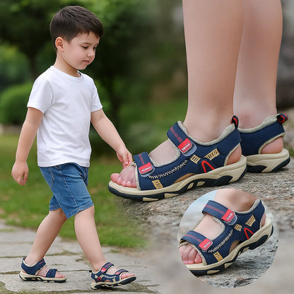 Top-down shot of a pair of yellow kids' non-slip summer sandals, ideal for active children's summer footwear.
