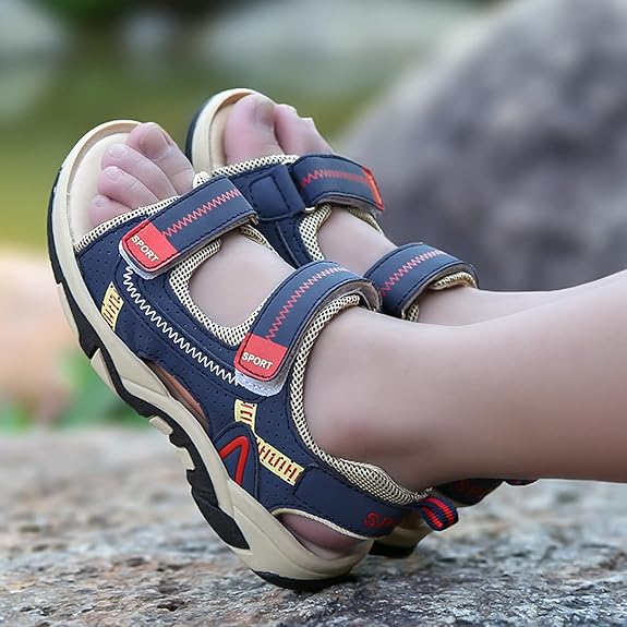 Group of assorted color kids' non-slip summer sandals, showcasing comfortable and sporty children's shoes.