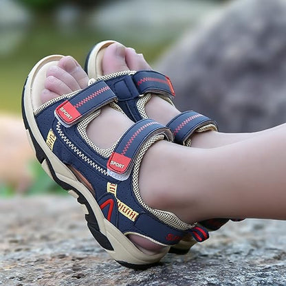 Group of assorted color kids' non-slip summer sandals, showcasing comfortable and sporty children's shoes.