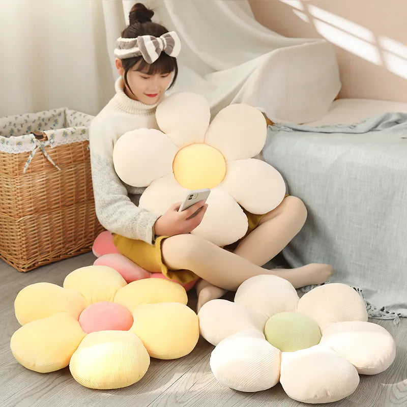 Bright yellow sunflower cushion, a cute and comfortable accent for kids' room or home.