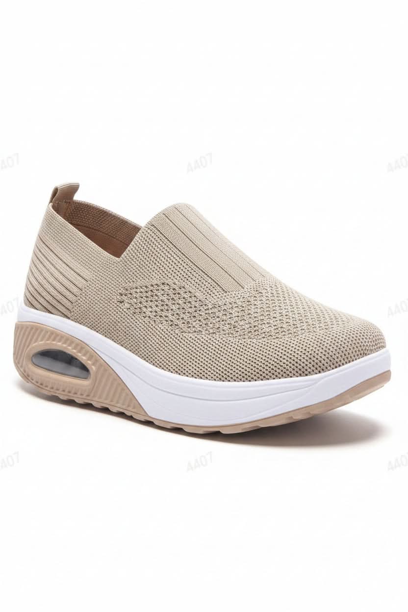 Women's supportive walking shoes in a neutral color, great for everyday wear & pain relief.