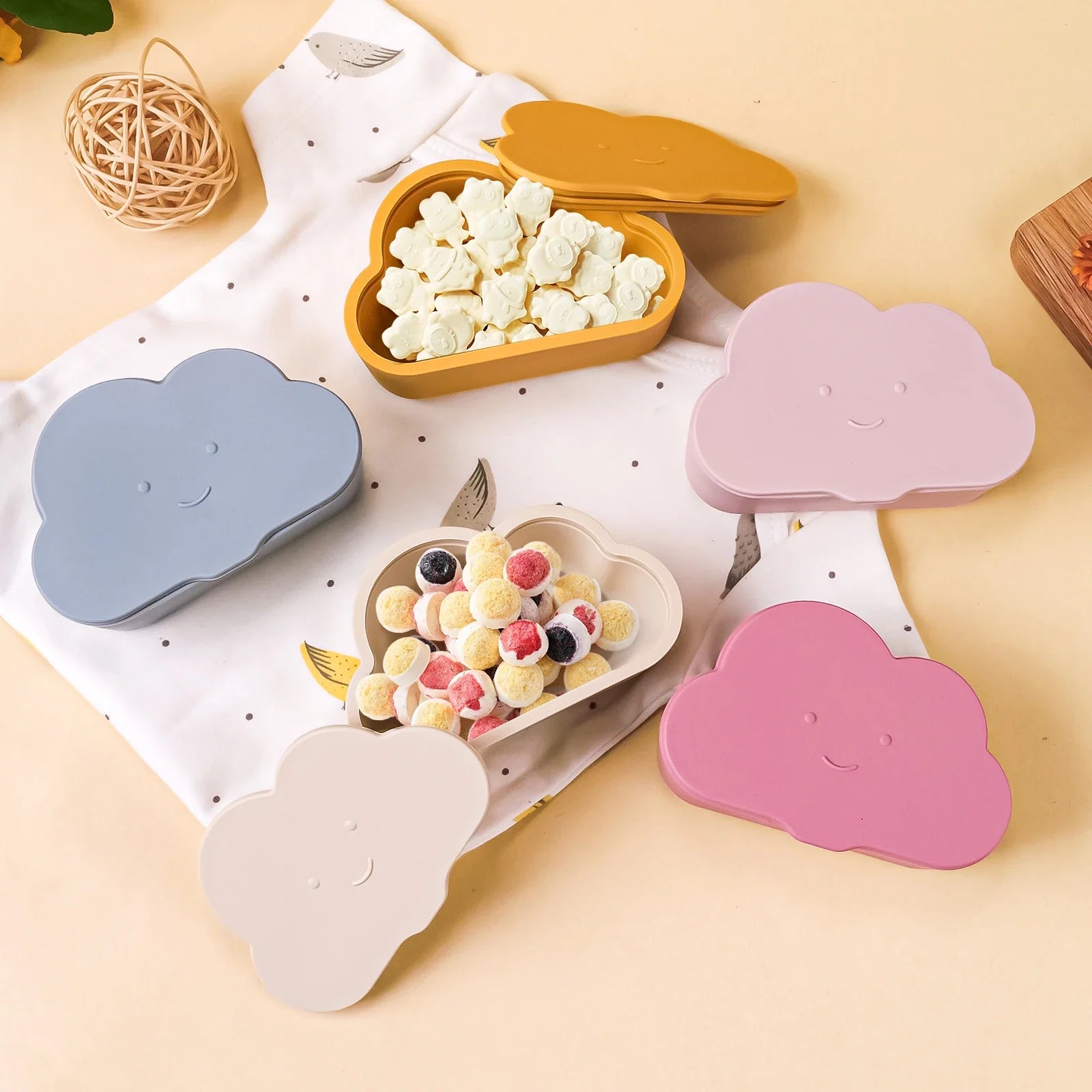 Cloud snack container, sky blue, with lid open, showing interior, for toddlers & babies, BPA free.