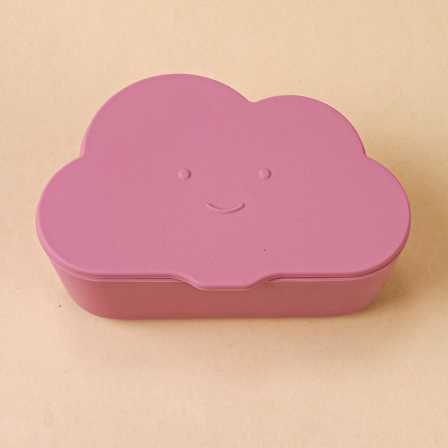 Stack of colorful cloud snack containers (blue, pink, green) with lids, silicone, bpa free.