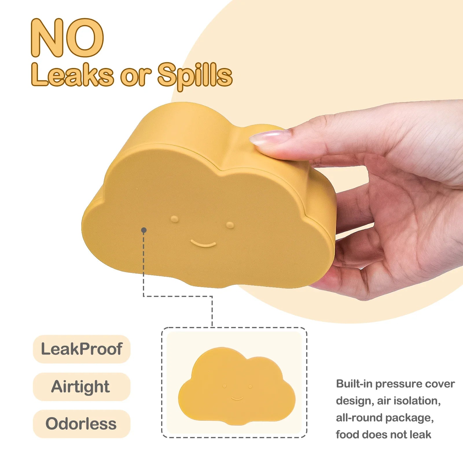 Green cloud snack container for babies & toddlers, silicone, with a child's hand reaching for snacks.