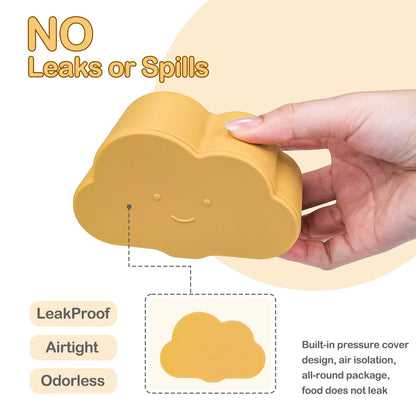 Green cloud snack container for babies & toddlers, silicone, with a child's hand reaching for snacks.