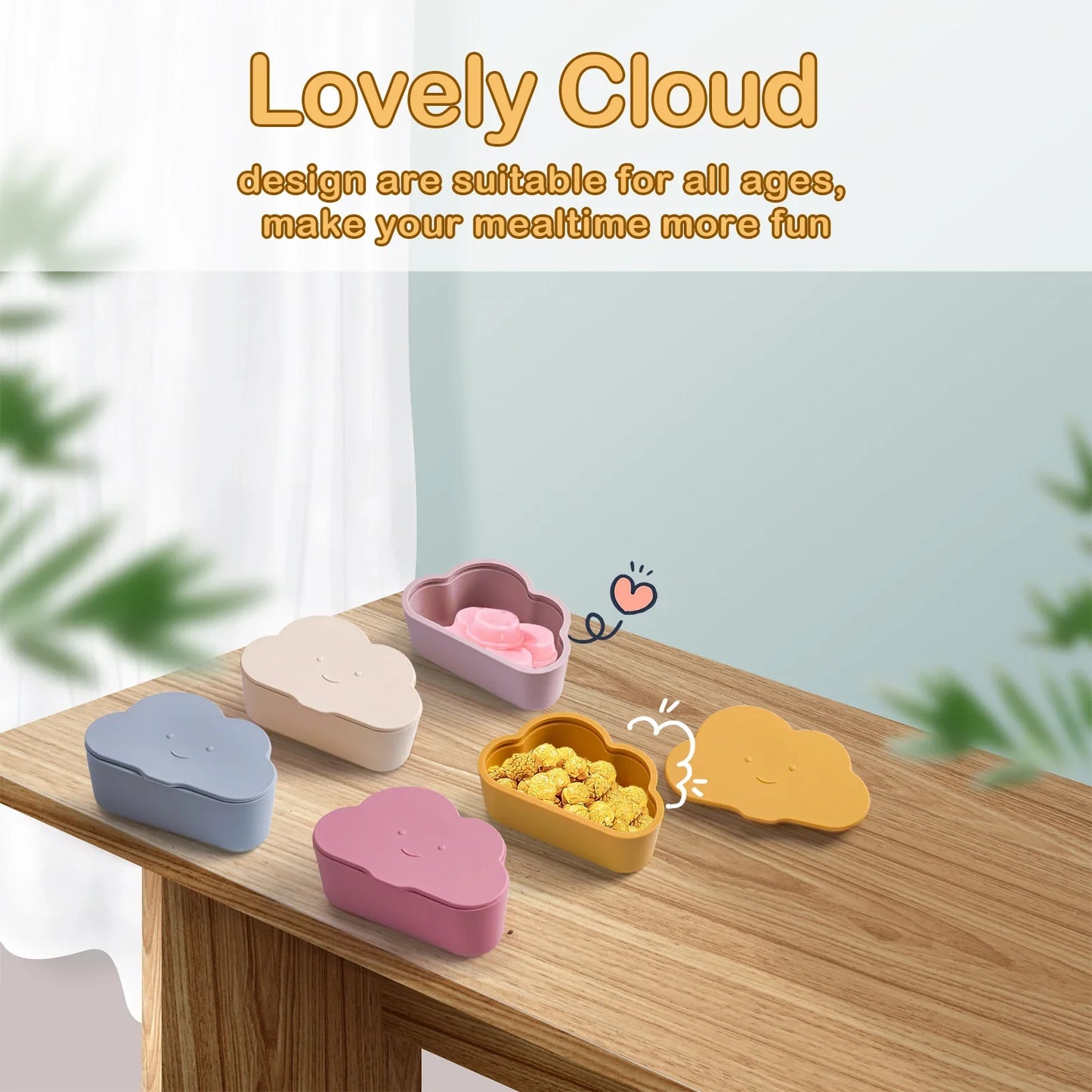 Cloud snack container, set of three colors (blue, pink, yellow), lids on, for kids lunch box.