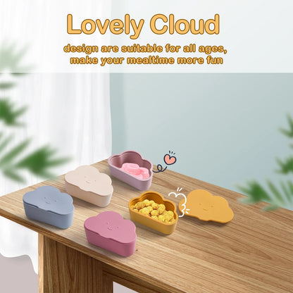 Cloud snack container, set of three colors (blue, pink, yellow), lids on, for kids lunch box.