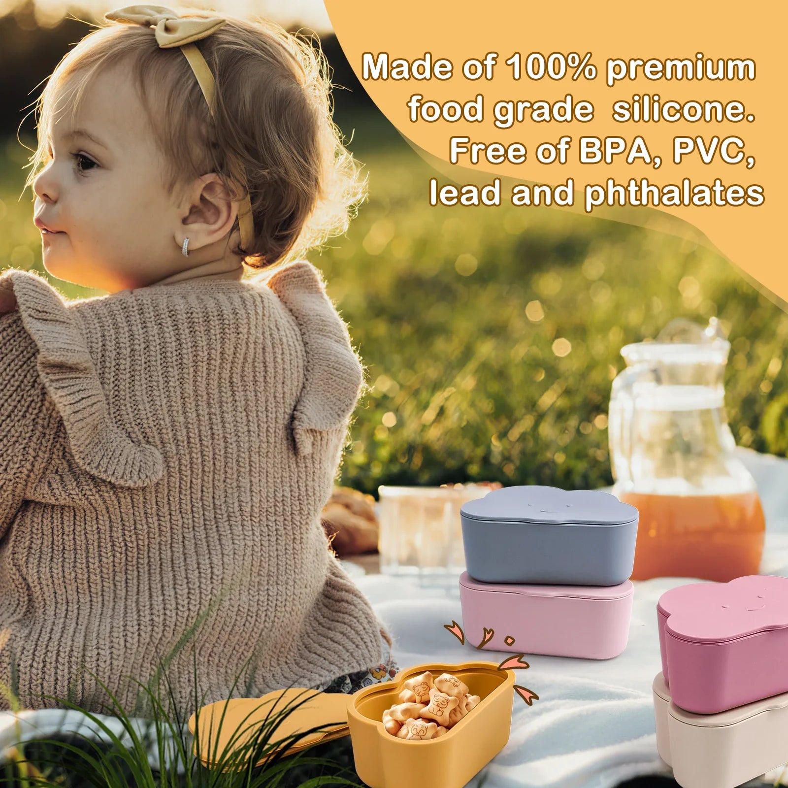 Close-up of cloud snack container textured silicone, showing flexible opening, BFA free baby product.