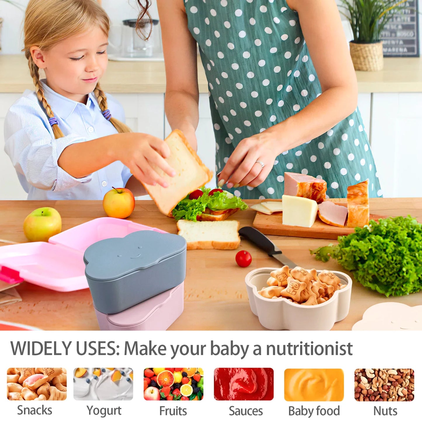 Purple cloud snack container with lid, beside fruit and crackers, practical toddler food storage.