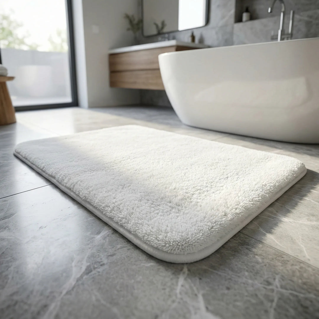Cloud-Soft Extra Thick Bath Mat, plush and absorbent bathroom rug with modern waves, non-slip design.