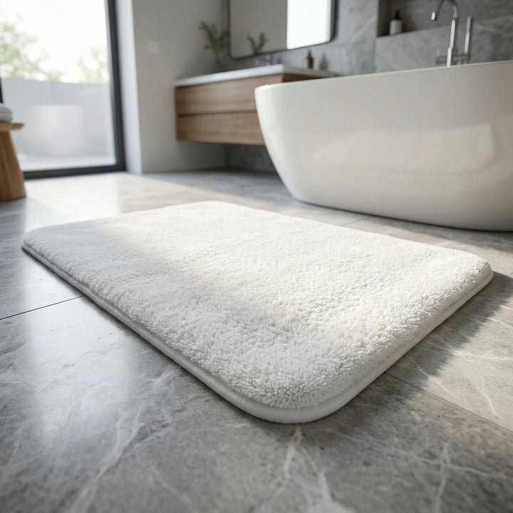 Cloud-Soft Extra Thick Bath Mat, plush and absorbent bathroom rug with modern waves, non-slip design.