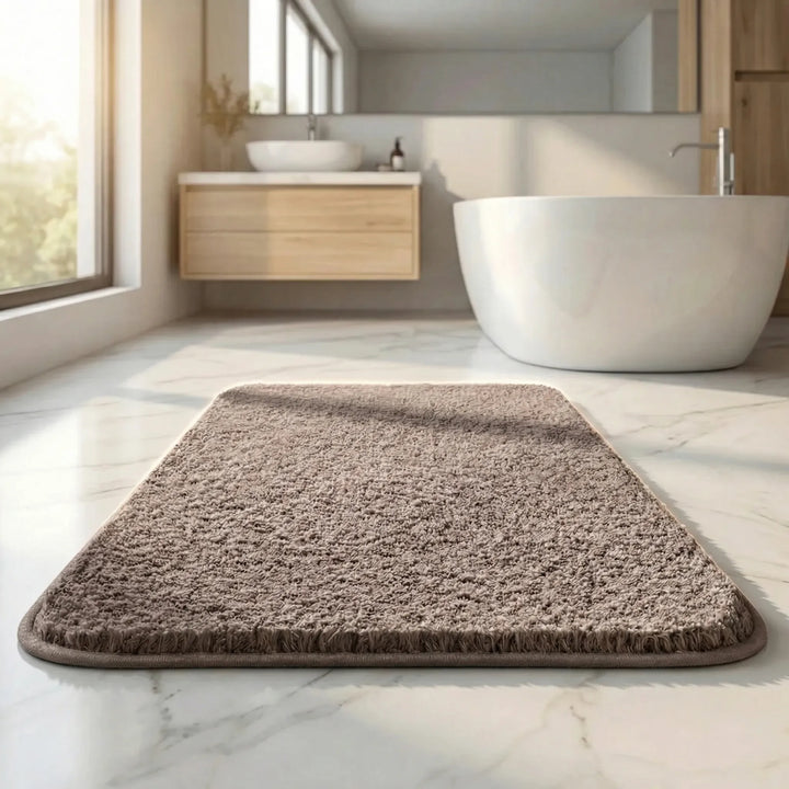 Luxurious Cloud-Soft extra thick floor mat, a plush and absorbent bathroom rug featuring a unique wave pattern.
