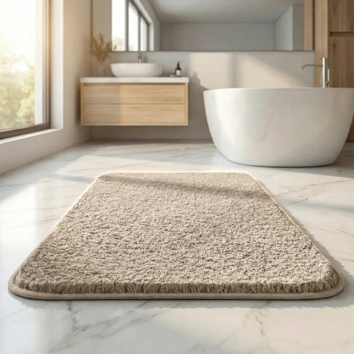 Modern wave design bath mat, extra thick & plush. This absorbent, non-slip bathroom rug offers ultimate comfort.