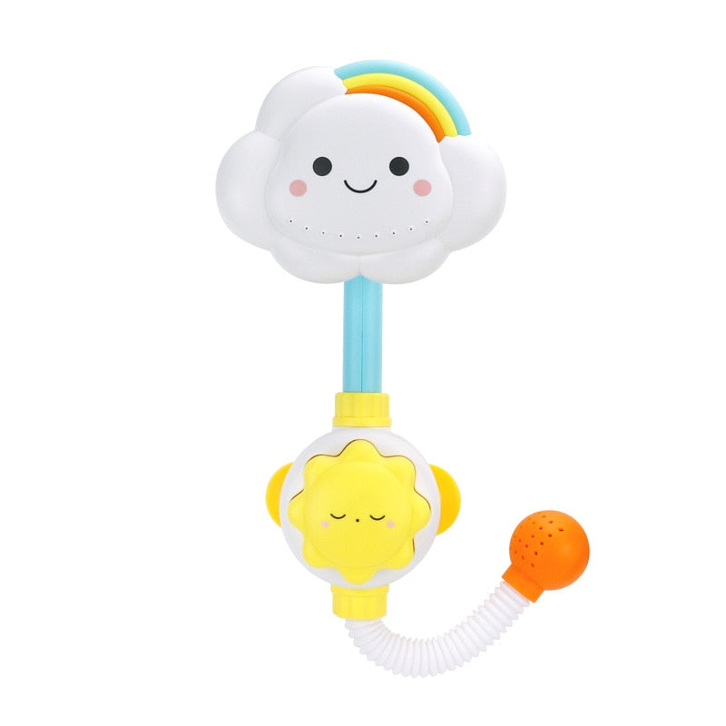 Side view of Cloudy Bathtub Spray Toy attached to tub wall, suction cup, ideal baby bath toy, fun for bathing