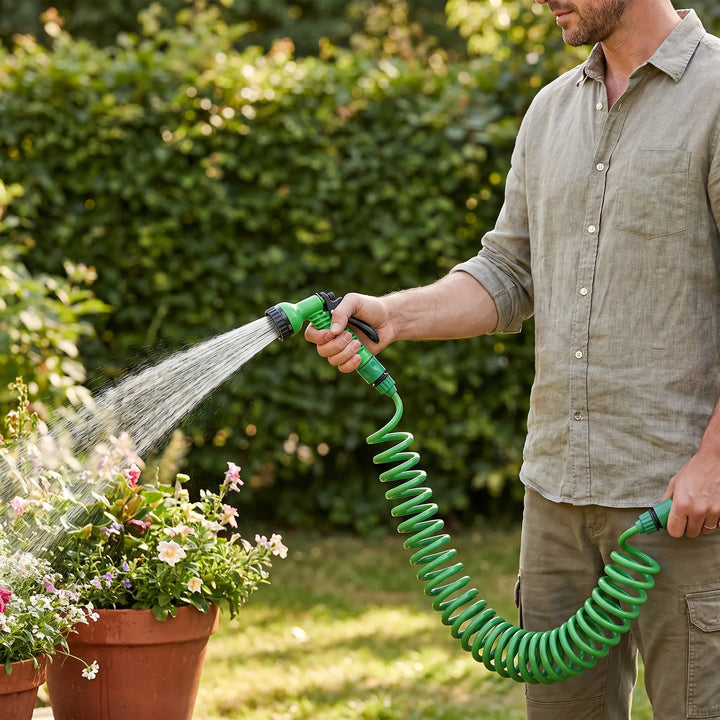 Coiled garden hose for tangle-free watering, easy storage, and compact organization in home gardens.