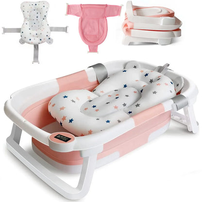 Collapsible baby bathtub with digital thermometer and pink sling for safe newborn bathing