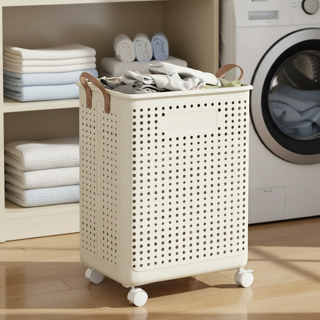 Collapsible wheeled laundry basket with durable fabric. Easy laundry day organization & space saving.
