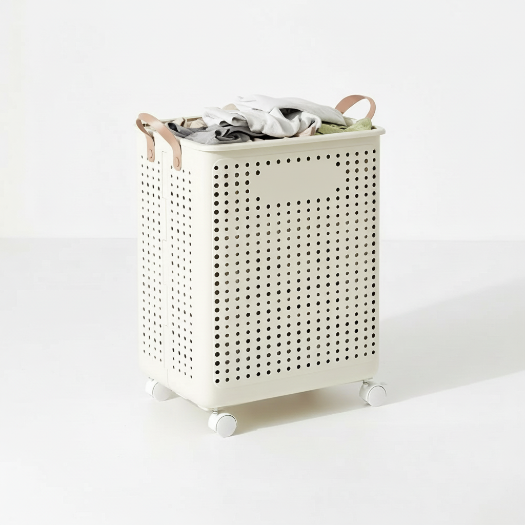 Wheeled laundry hamper, collapsible for easy storage. Ideal for transporting clothes from bedroom to utility room.