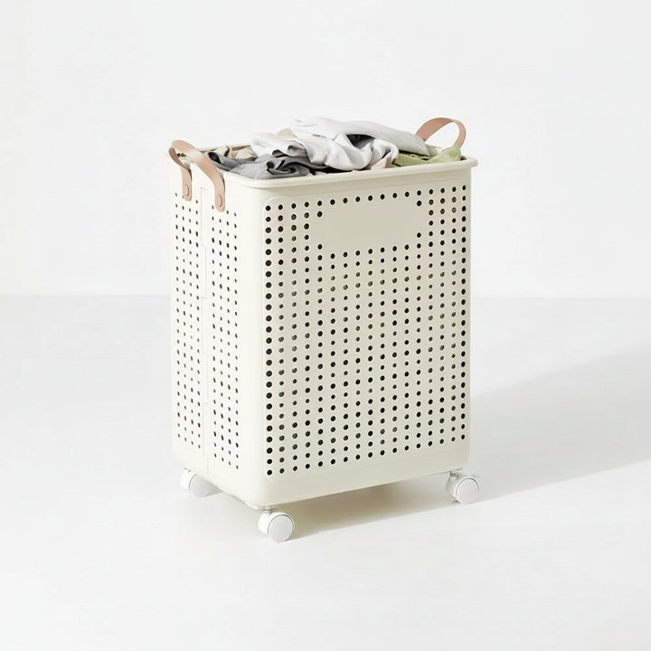 Wheeled laundry hamper, collapsible for easy storage. Ideal for transporting clothes from bedroom to utility room.