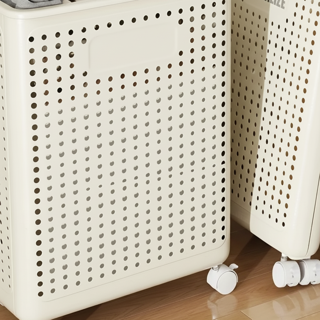 Foldable laundry basket with wheels. Space-saving design for small apartments & efficient home organization.