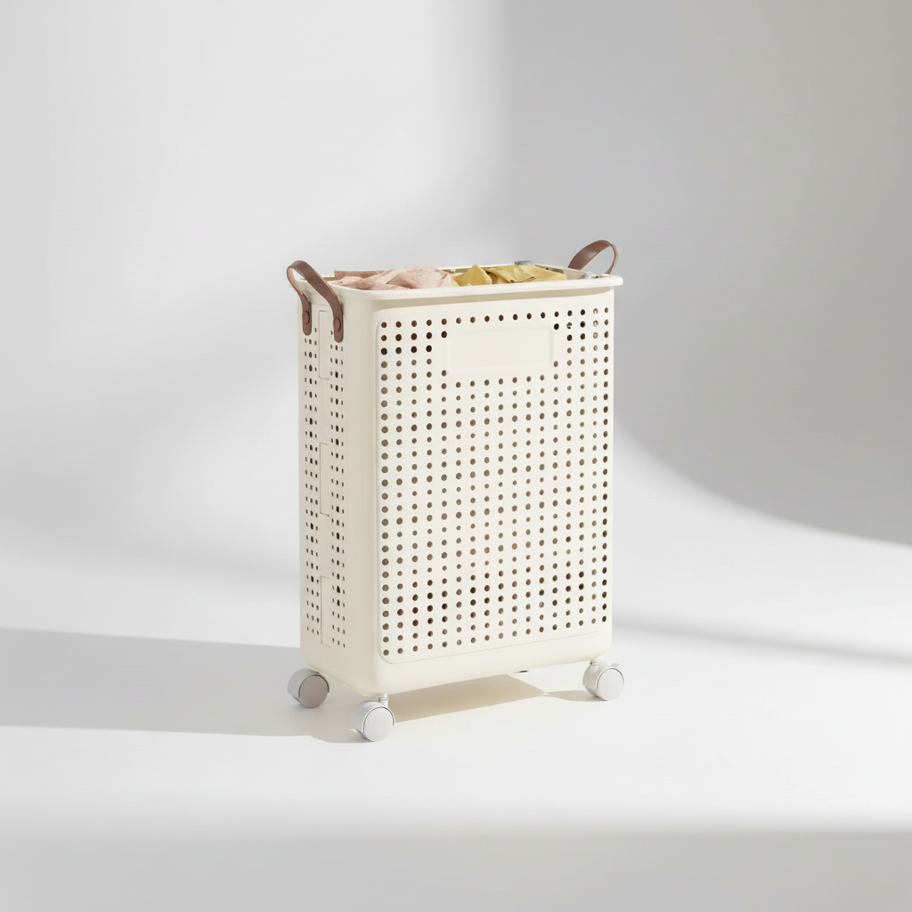 Easy-glide wheeled laundry hamper, collapsible for convenient storage. Makes laundry day effortless.