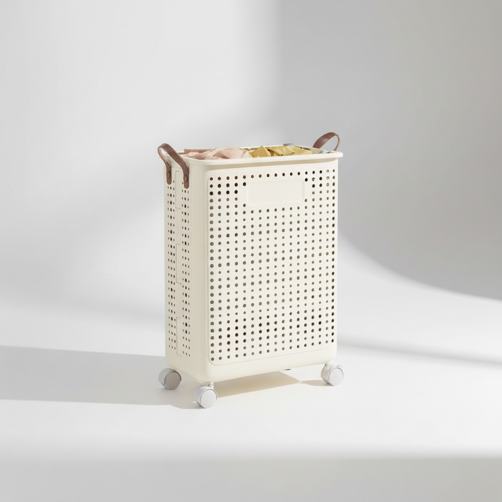 Easy-glide wheeled laundry hamper, collapsible for convenient storage. Makes laundry day effortless.
