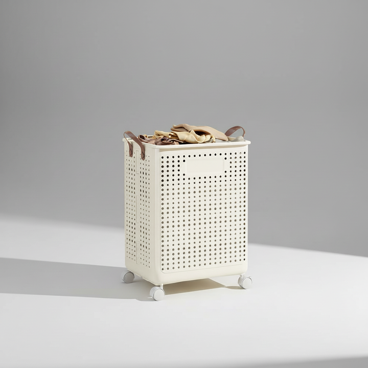 LaundryGlide collapsible wheeled basket. Foldable design for smooth transport & space-saving laundry storage.