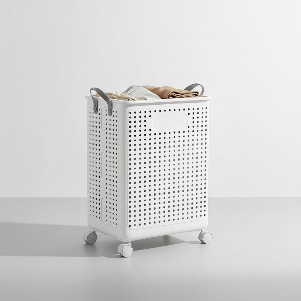 Practical collapsible laundry basket with wheels. A clothes hamper for efficient home organization.