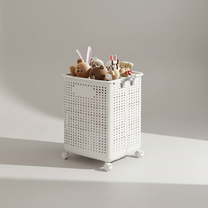 Space-saving collapsible laundry basket with wheels. Essential for efficient utility room & home organization.