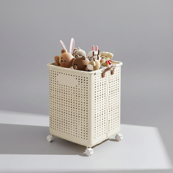 Versatile collapsible wheeled laundry basket. A smart household item for effortless laundry day & storage.