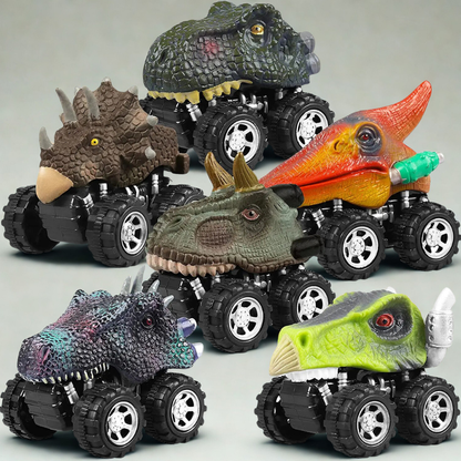Collection of colorful dinosaur pull-back toy trucks for kids, boosting motor skills.