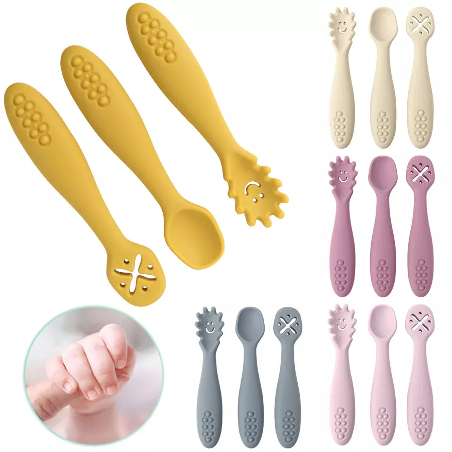 Colorful 3-piece silicone baby utensil set for self-feeding toddlers. Soft tip spoon & learning fork.