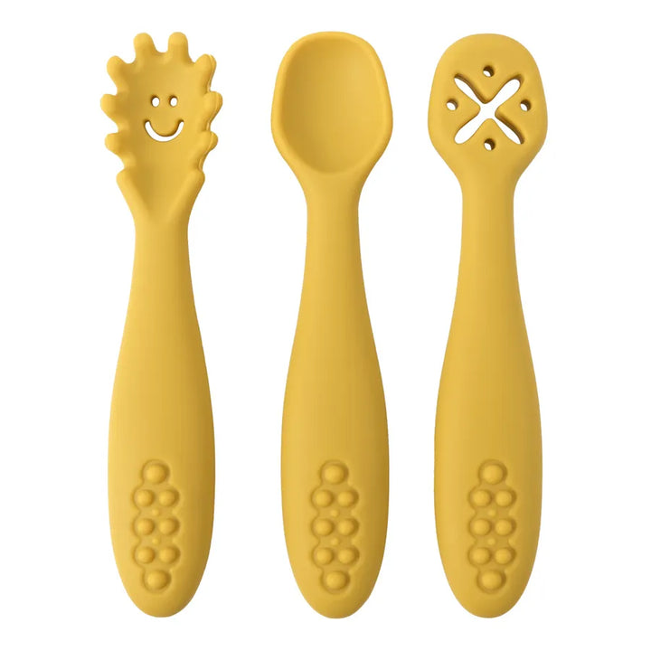 Baby's self-feeding essential: a soft silicone learning fork from a 3-piece BPA-free toddler mealtime set.