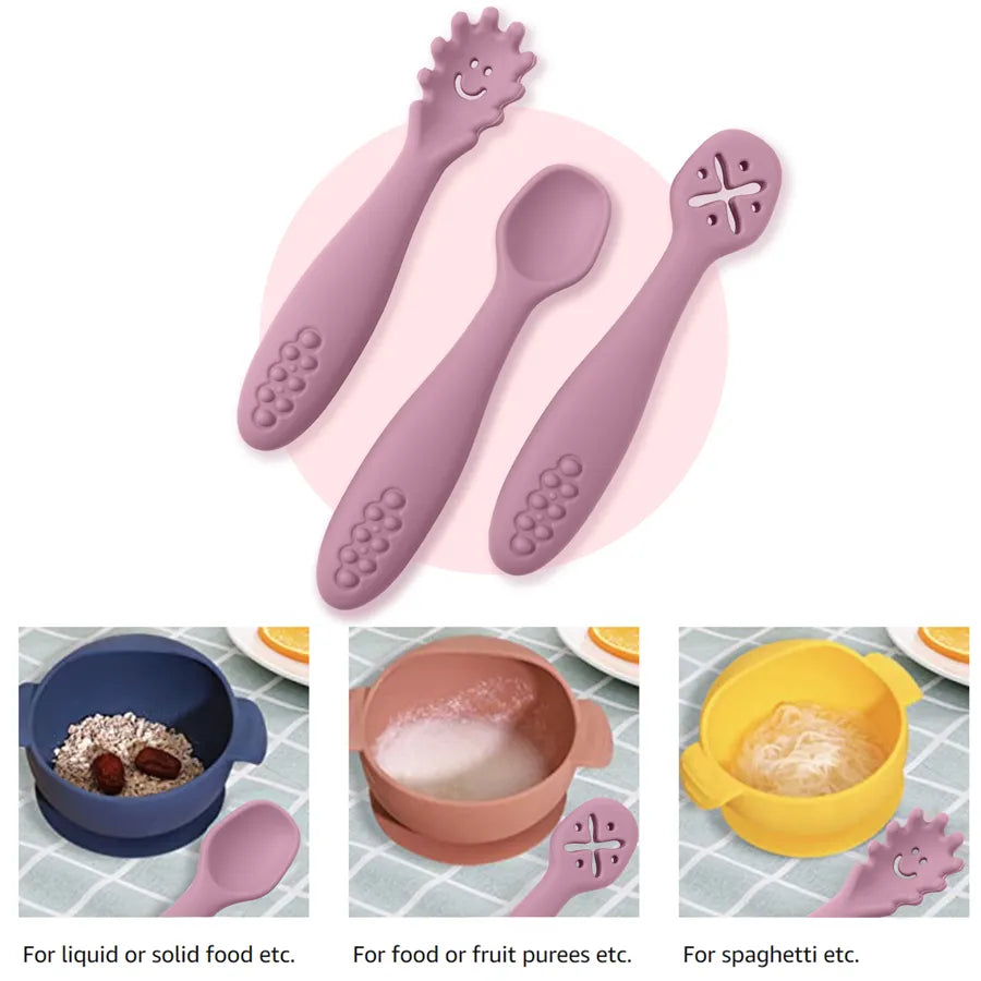 Ergonomic design 3-piece silicone baby utensil set. Perfect first spoon and learning fork for infants.