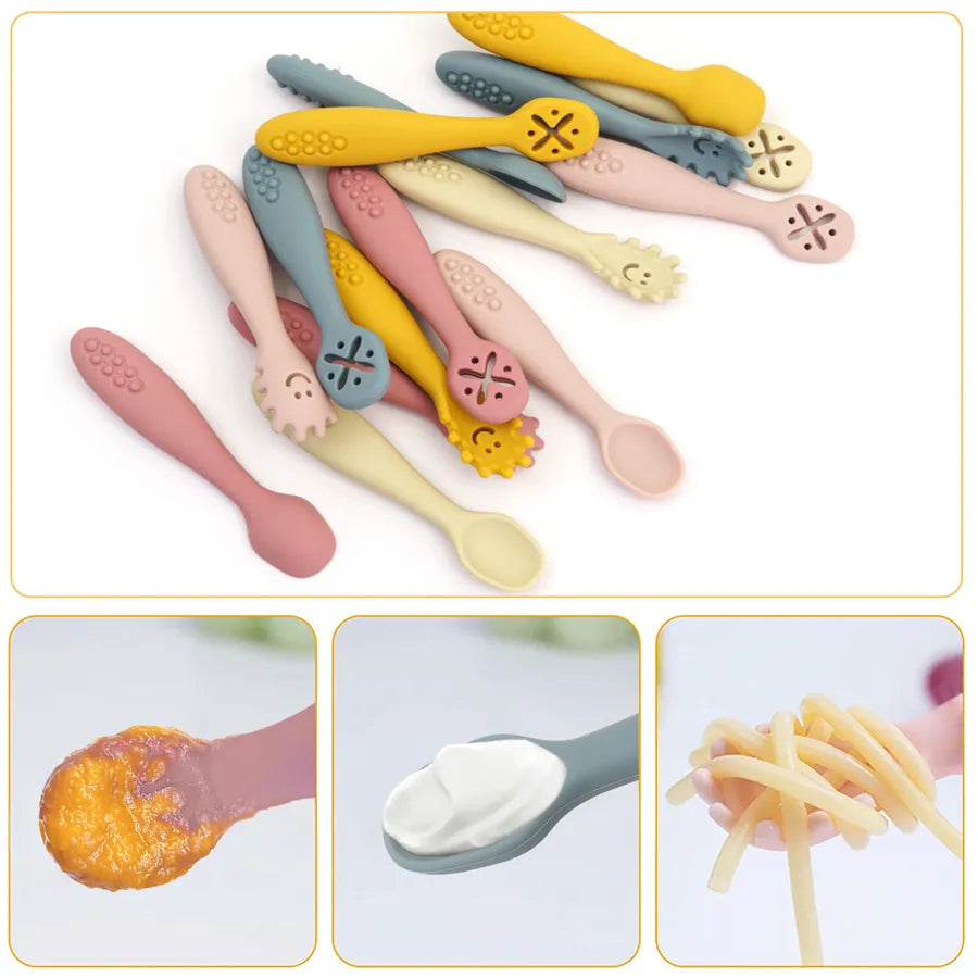 Healthy weaning with this soft-tip silicone baby spoon and learning fork set. 3-piece BPA-free utensils.