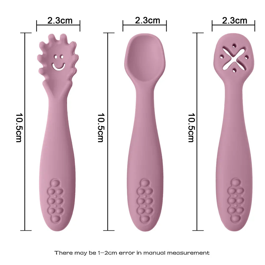 Easy-to-clean 3-piece silicone baby self-feeding set. Durable spoon and fork for toddler mealtime.