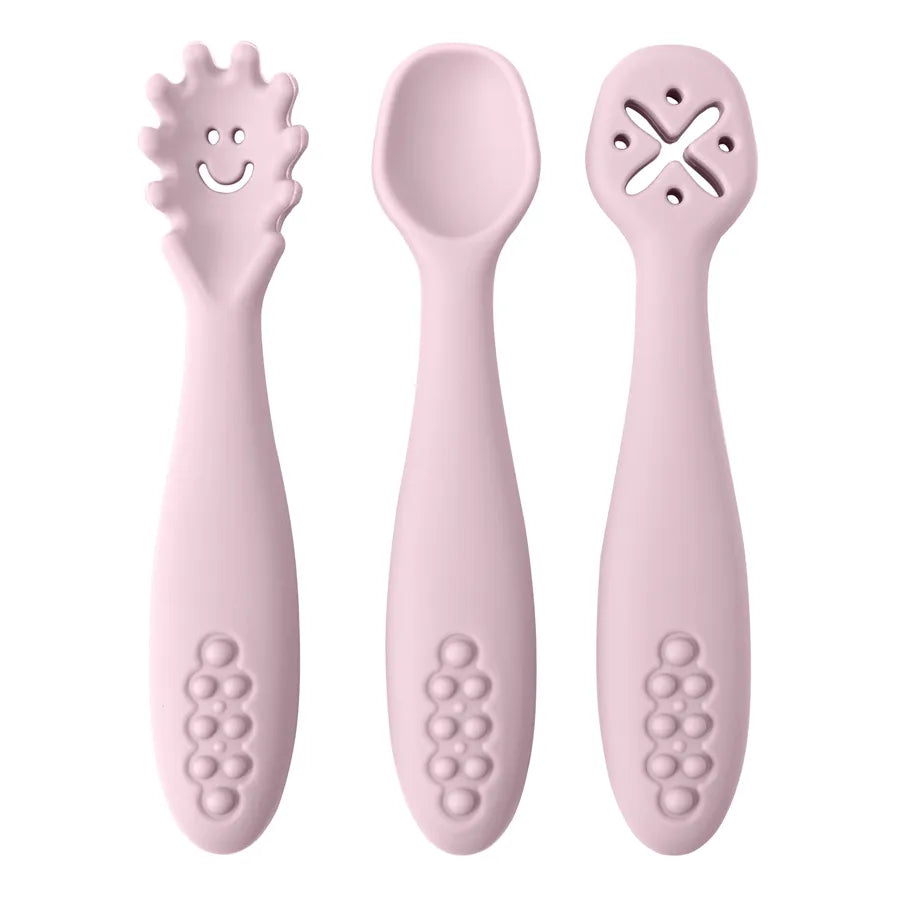 Encourage self-feeding with this BPA-free 3-piece silicone baby spoon & learning fork set. Ideal for weaning.