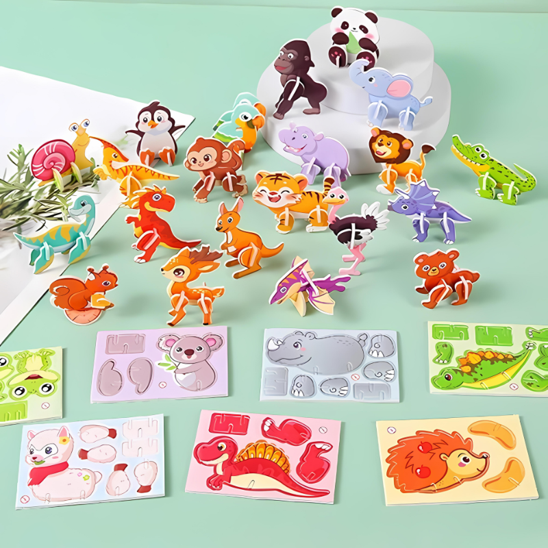 Close-up of a completed 3D foam animal puzzle, showcasing creative play and imagination.
