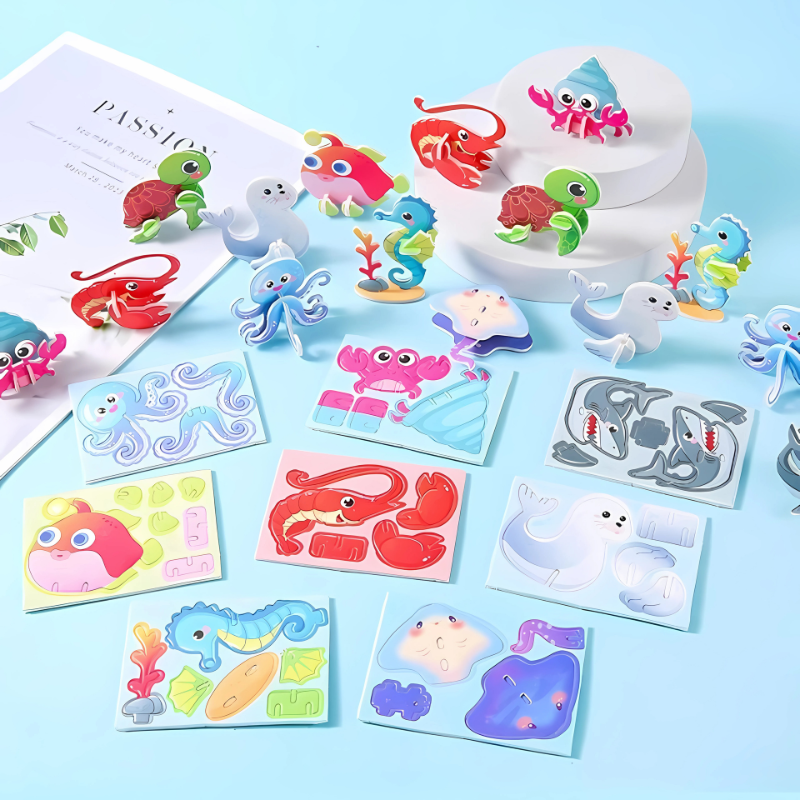 Kids playing with 3D foam dinosaur puzzles, fostering imagination and fine motor skills.