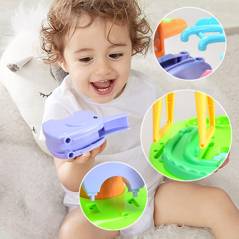 Close-up of a kids' animal slide toy with various colorful animals, great for preschool learning.