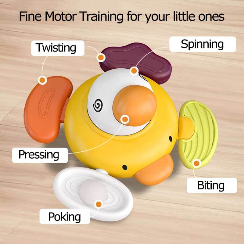 Montessori-inspired baby activity toy: vibrant suction cup spinner with engaging textures for sensory development and entertainment.