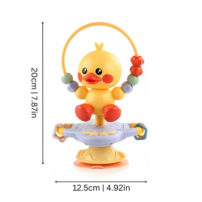 Toddler playing with an infant developmental suction toy, engaging sensory skills