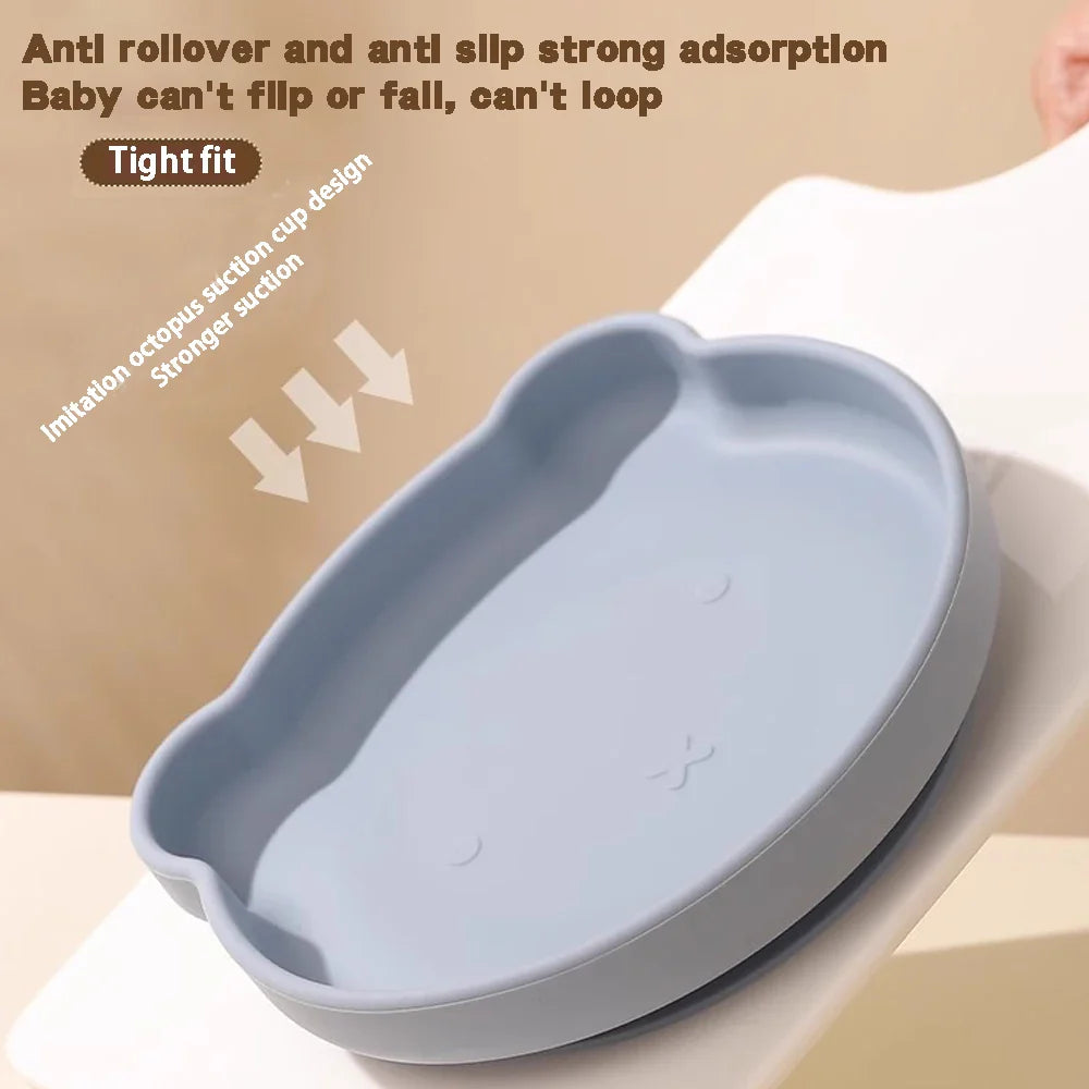 Easy-clean silicone tableware set for babies featuring a suction plate, bowl & fork spoon set.