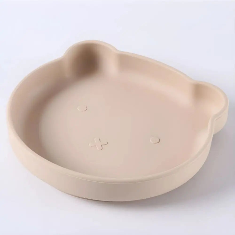 Vibrant silicone baby feeding supplies including a divided plate, bowl, fork & spoon, easy clean.