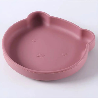 Self-feeding baby tableware set - cartoon silicone plate, bowl, cup, fork, spoon for easy clean.