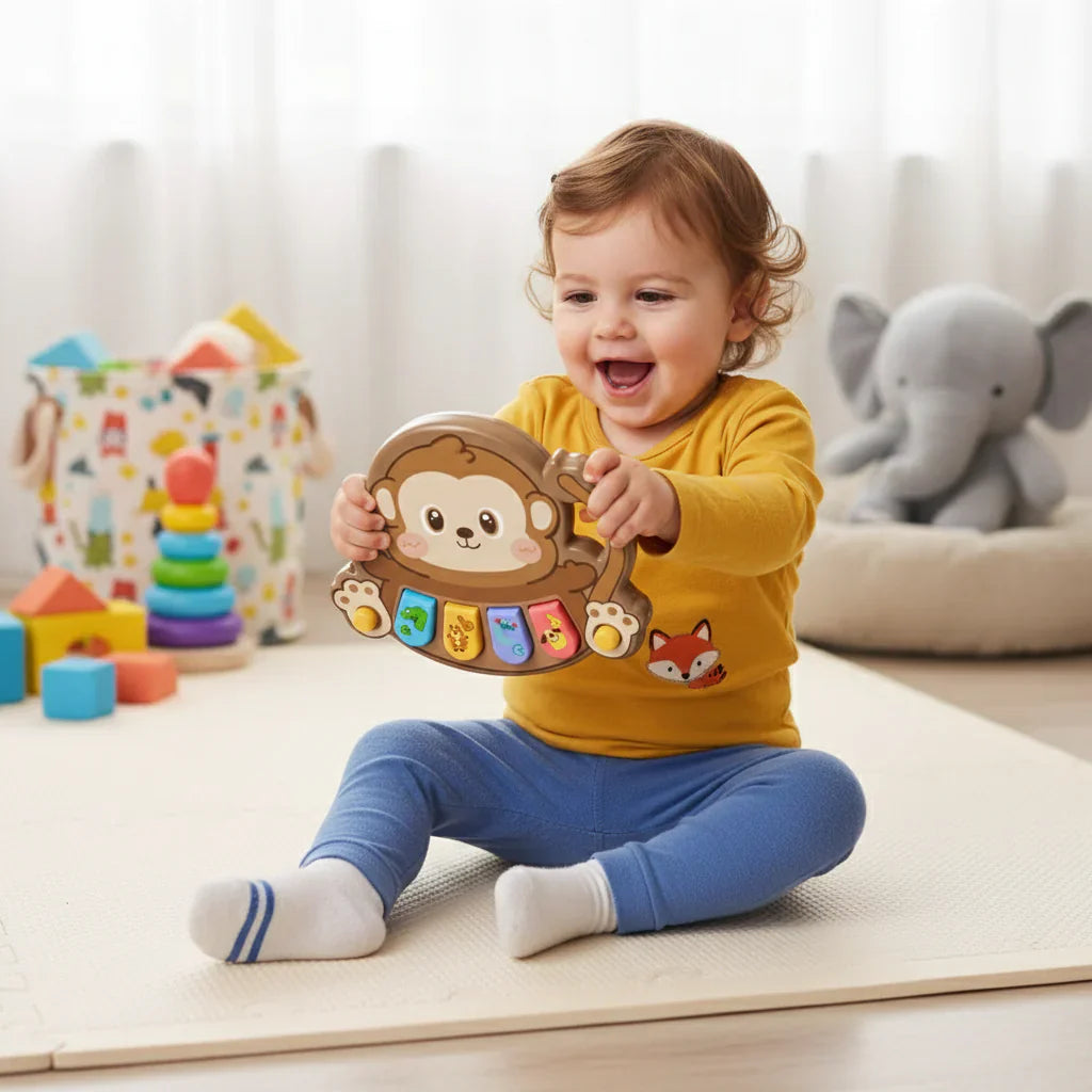 Colorful children's musical animal piano toy with various animal buttons for early learning.