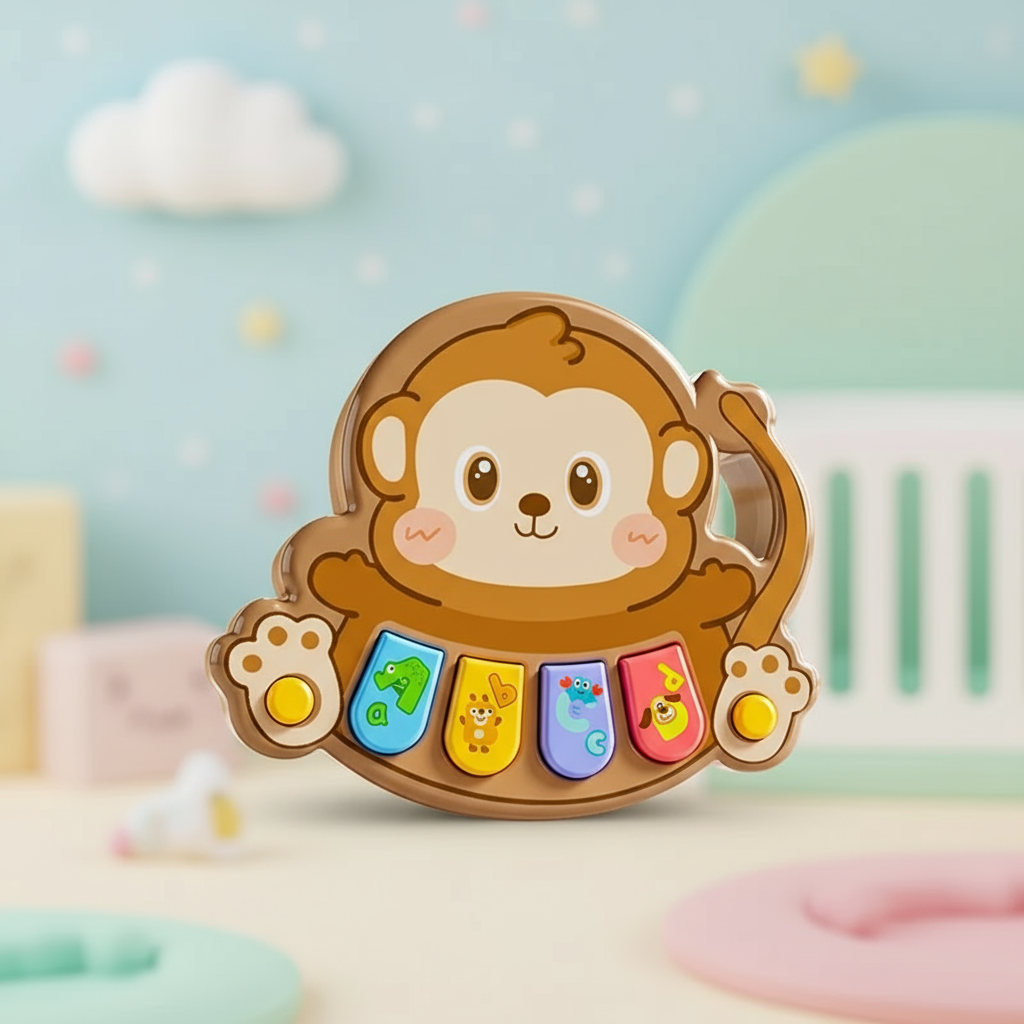 Top-down view of a children's animal piano toy showcasing all its features.