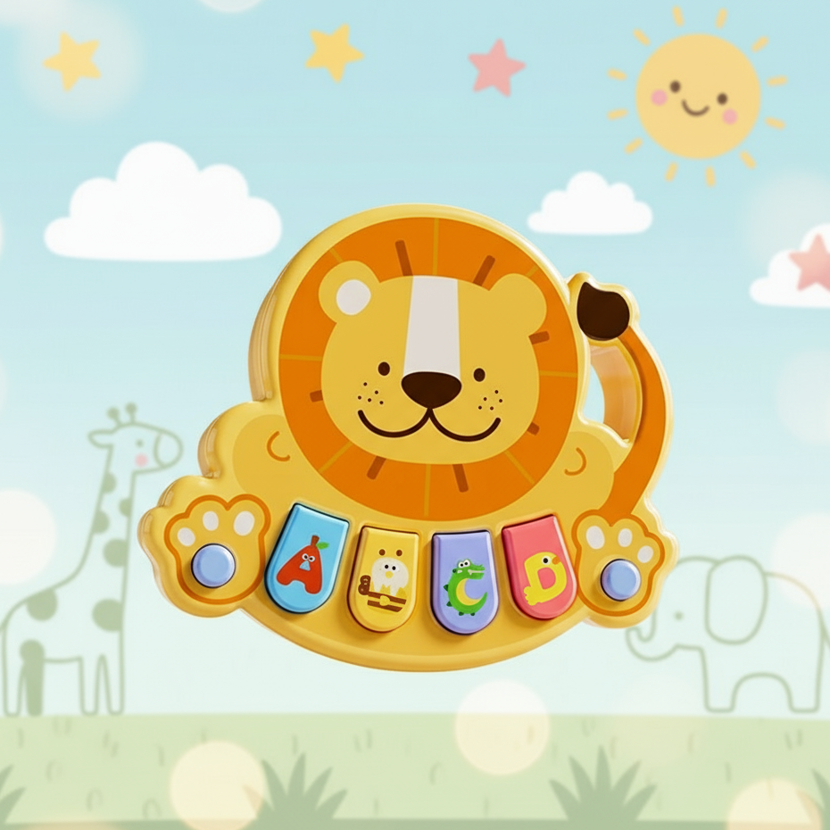 Brightly colored musical early learning animal piano toy on a play mat.