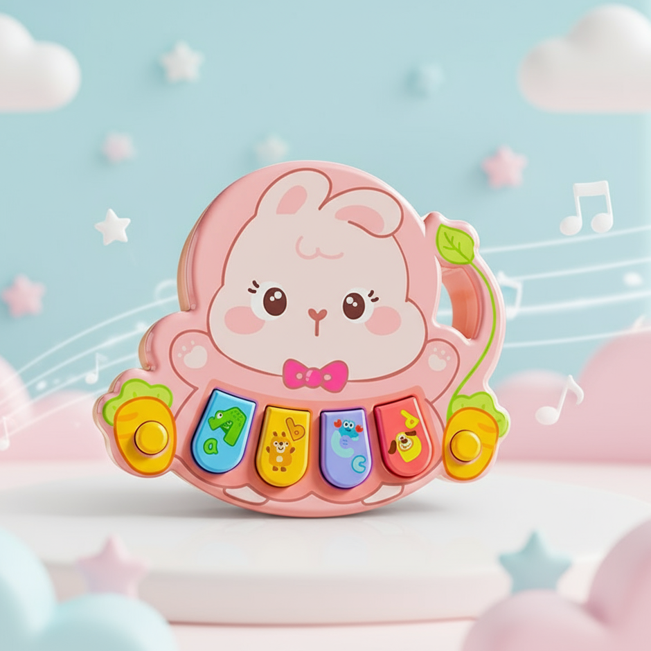 Close-up of the animal buttons and bright keys on a child's musical piano toy.